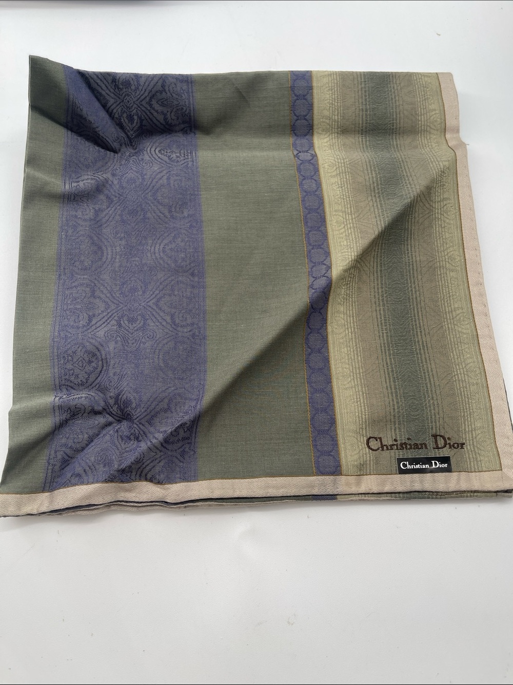 Dior Olive Green and Purple Silk Scarf with Beige Trim